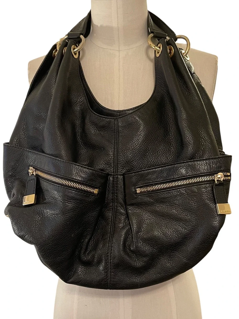 ❤️ EUC Vintage Michael Kors LAYTON Black Leather Gold Ring Hardware Hobo Bag
